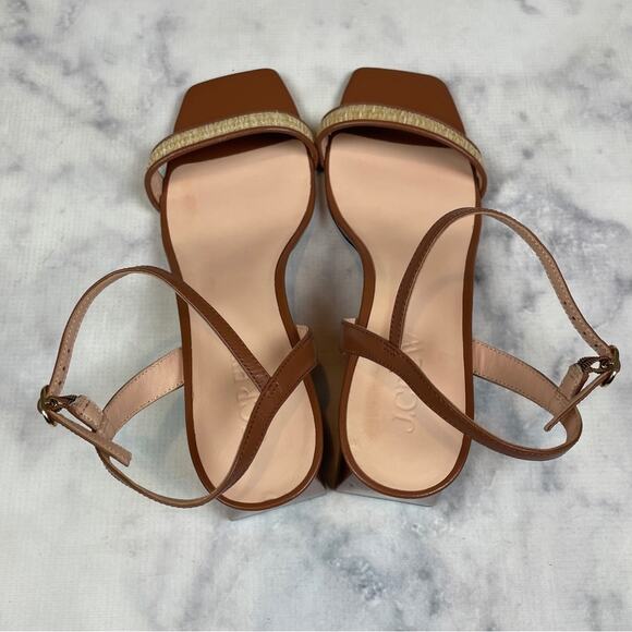 J. Crew Layne Cognac Brown Leather + Raffia Square Toe Block Heel Sandals - Picture 6 of 10